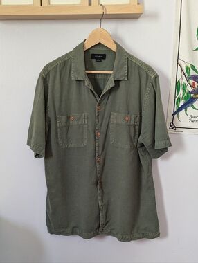 Olive Green Short Sleeve Linen Cotton Button Down Shirt By Cotton On Size L